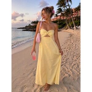 Butter Yellow Linen Maxi Dress Strapless Bow Front Summer Sundress Size M